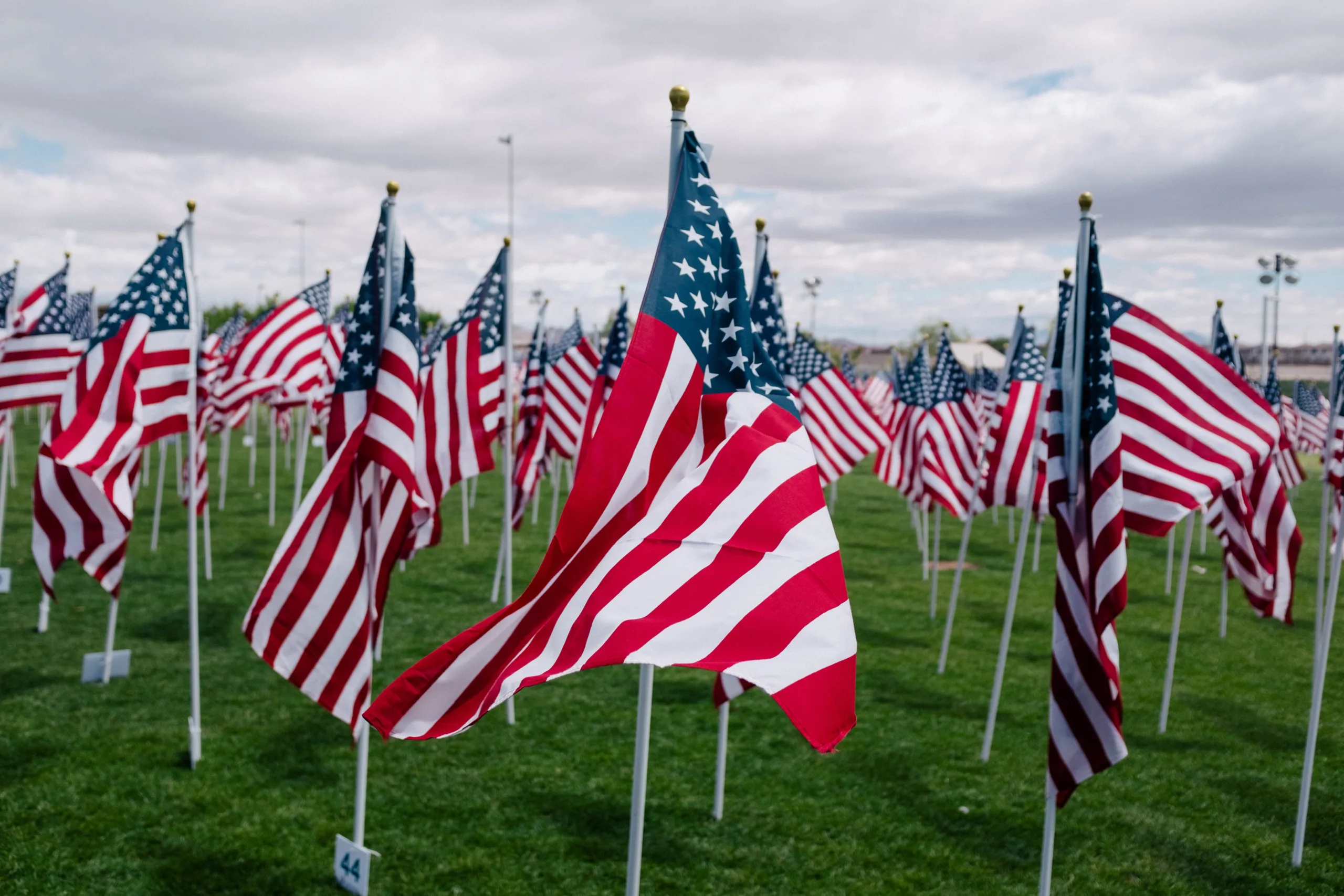 Image of American flags in a row outdoors